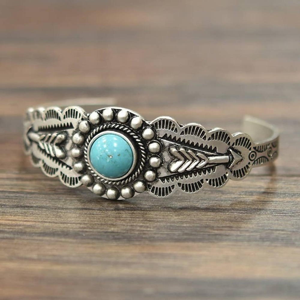 Turquoise Concho Arrow Cuff Bracelet Western Boho Silver Tone Adjustable